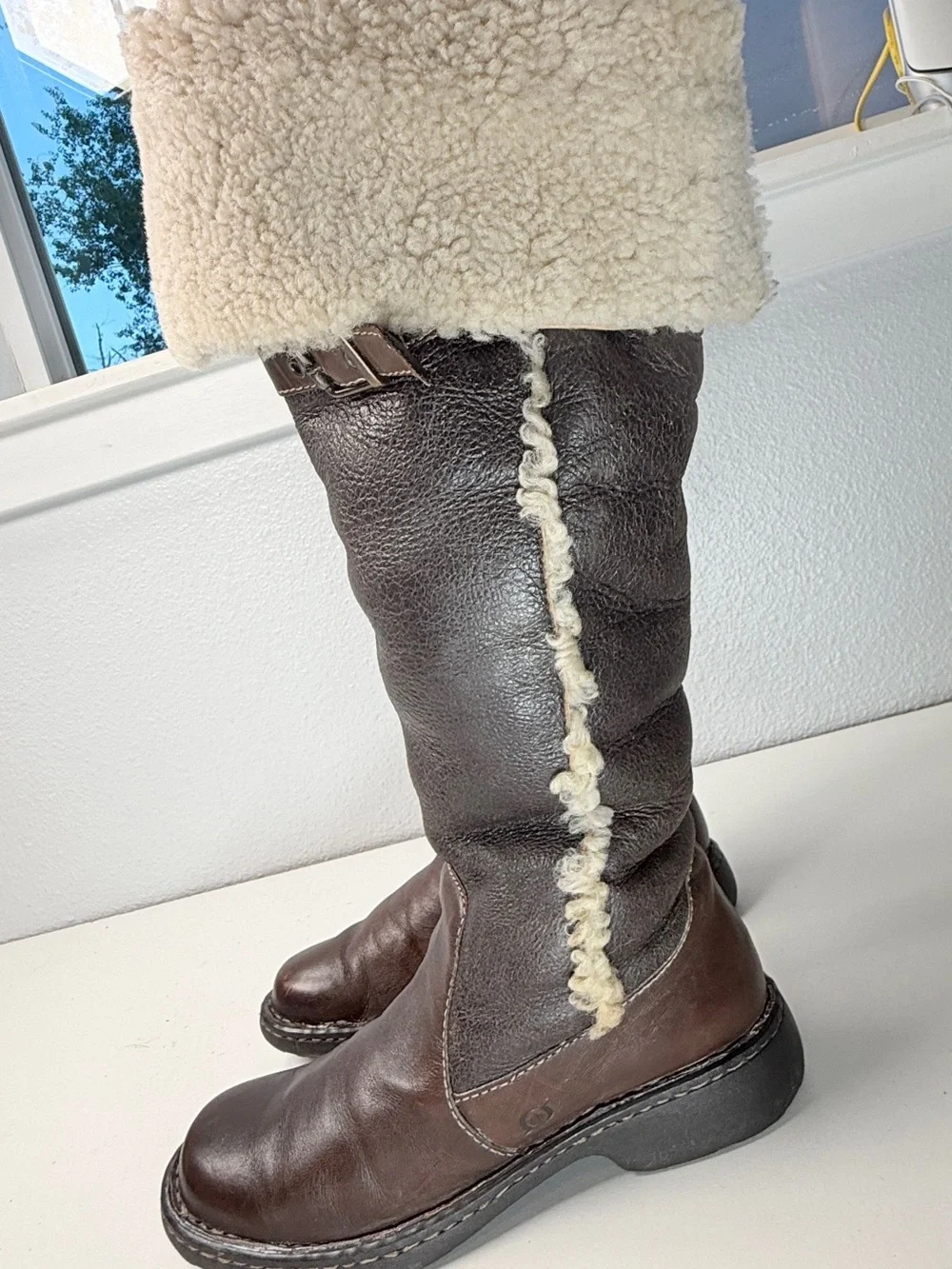 Born Leather Shearling Fold Over Tall Boots Brown Womens Size 8 EU 39